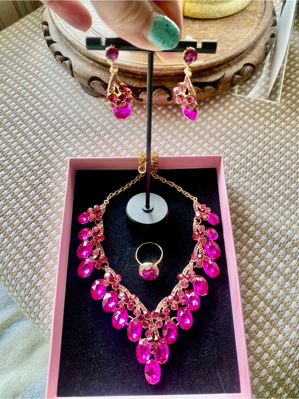 Hot Pink & Rose gold Crystal Statement Necklace, earrings & Adjustable ring